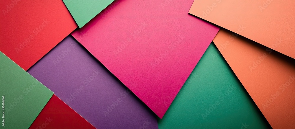 Poster Abstract geometric paper background in trendy violet green and red colors Suitable as a backdrop for an invitation card greeting card or web design Offers creative copy space in a flat lay format