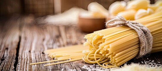 uncooked pasta types on a white wooden table. with copy space image. Place for adding text or design