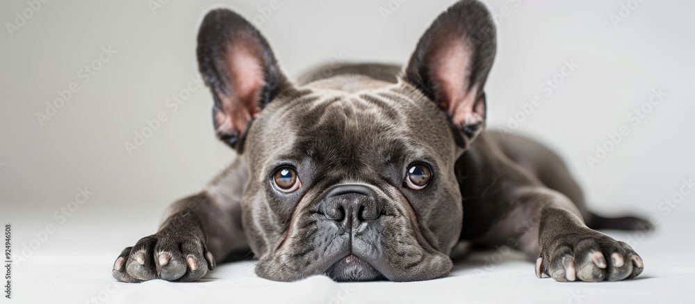Poster gray colored french bulldog portrait in a studio lying on a white background and gazing at the camer