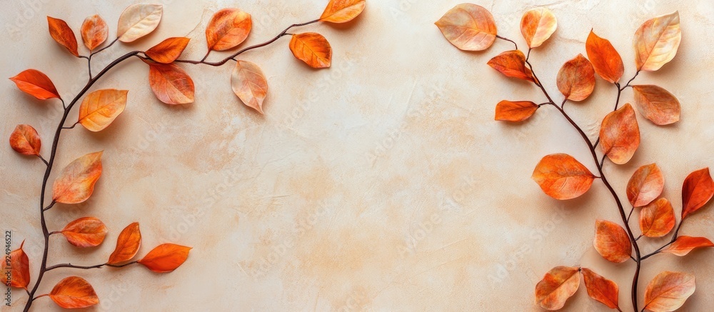 Poster Autumn arrangement Orange leaves on a beige backdrop with copy space Top view Flat layout Left side
