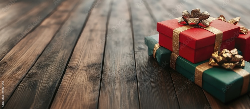 Poster gift boxes atop a wooden surface. with copy space image. place for adding text or design