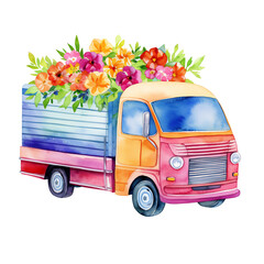 Colorful watercolor truck with vibrant flowers in the back, perfect for spring or summer themed designs.