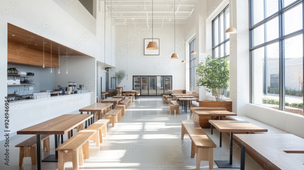 Poster a spacious cafe features large windows, wooden tables, and benches, creating a bright and inviting a