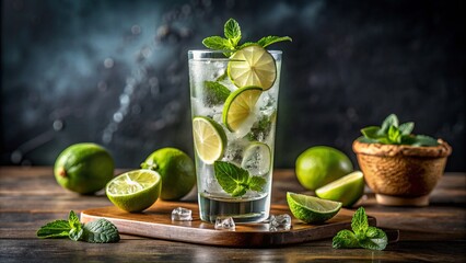 Fototapeta premium A refreshing glass of sparkling water with fresh lime and mint leaves, served over ice in a stylish highball glass on a modern table.