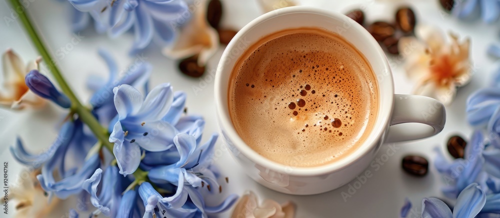 Poster Close up top view of fresh coffee in a cup with blue hyacinth flowers isolated on a white background. with copy space image. Place for adding text or design