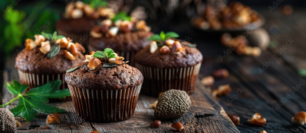Aufkleber Acorns in green muffins on a black background with copy space Low key