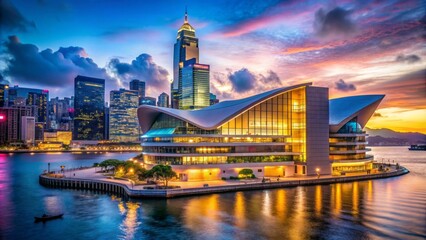 Fototapeta premium Majestic cultural hub situated on Victoria Harbor's waterfront, featuring a grand concert hall, studio theatre, and gallery, showcasing stunning architecture and vibrant decorative designs.