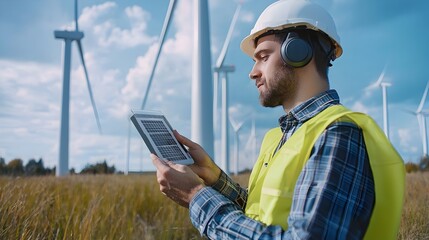 Obraz premium Engineer Monitoring Air at Renewable Wind Farm for Sustainable Energy