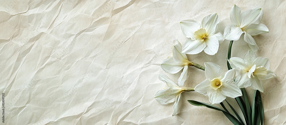 Aufkleber textured fashionable vintage paper background square featuring paperwhite Narcissus. with copy space image. Place for adding text or design