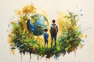 Watercolor Painting of Two People Looking at the Earth.