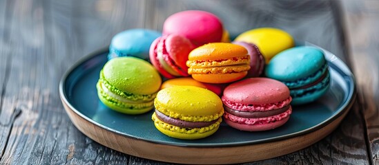 Fototapeta premium Multicolored macarons on a plate resting on green wooden boards arranged side by side on the surface with copy space