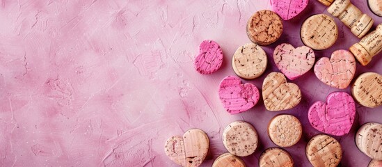 Corks from champagne sparkling wine and a wooden heart made from cork material on a pink background with copy space for your text Holiday greeting card Top view