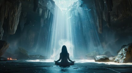 Obraz premium Illuminated Sage: 3D Animated Meditation in Ancient Cave with Ethereal Light Beams - Spiritual Journey Concept Art