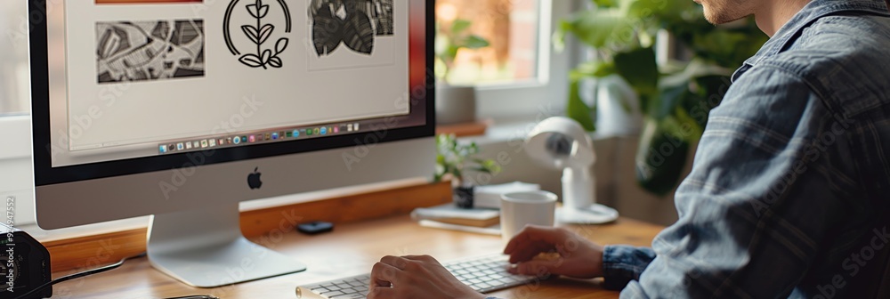 Fototapete a designer focused on creating a graphic design project on a high-end computer in a modern, well-lit