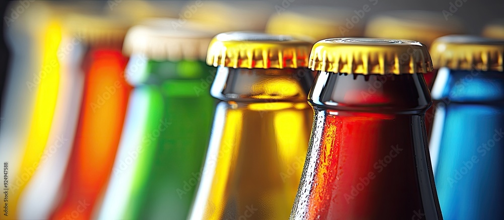 Poster colorful beer bottle necks in close up with selective focus and copy space