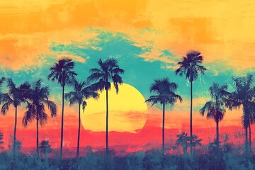 Vibrant Palm Trees Silhouetted Against a Sunset Sky.