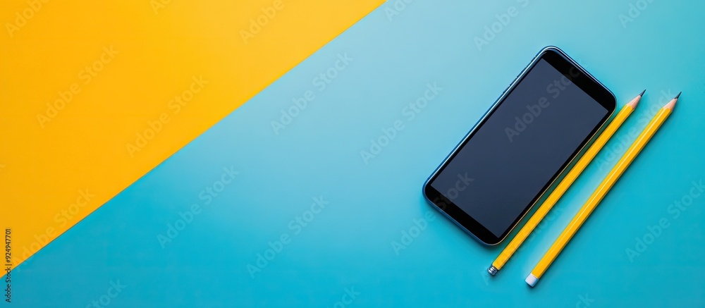 Poster minimal office workplace concept a pencil and mobile phone are placed on a yellow and blue backgroun