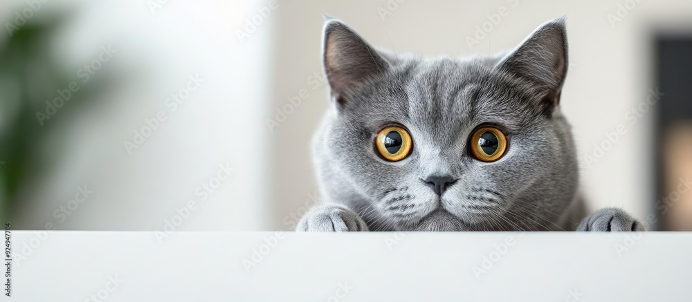 Poster a humorous gray british breed cat looks out from behind a white table against a light background wit