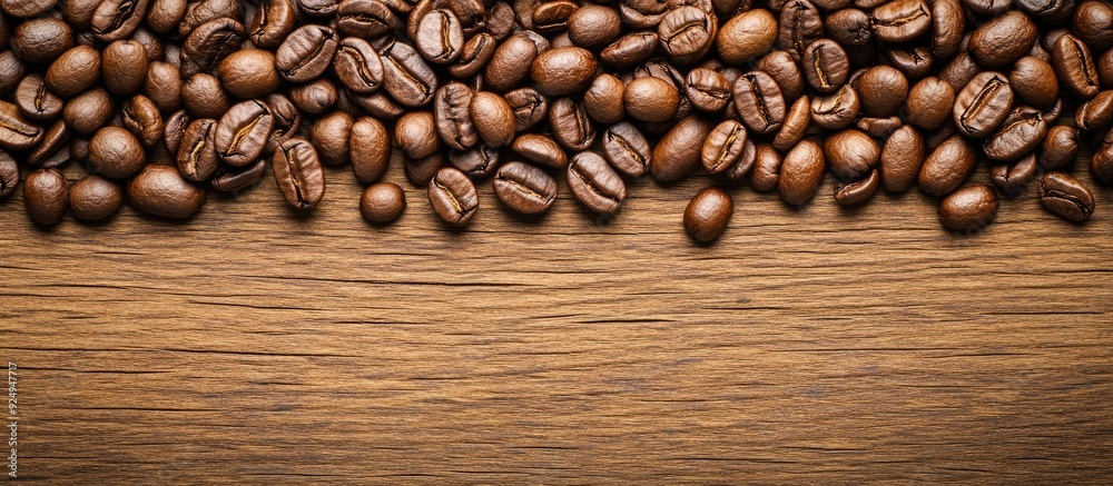 Poster roasted coffee beans arranged on a wooden table top view copyspace available for text