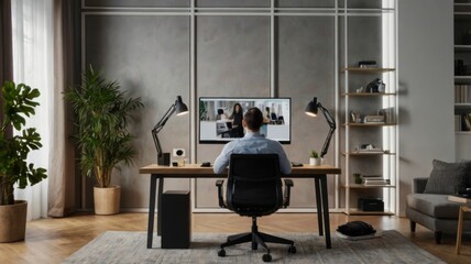 A stylish home office setup with dual monitors, ergonomic furniture, and a person participating in a video conference with team members on-screen.