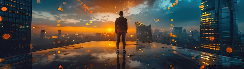 Fototapeta premium A silhouette of a person stands on a rooftop, gazing at a vibrant sunset over a modern cityscape with shimmering lights.
