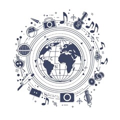 Obraz premium a globe surrounded by connected music notes and musical instruments, vector style, single color, simple lines ,generative ai
