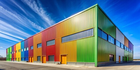 Fototapeta premium Vibrant industrial office building with colorful facade stands in front of a massive corrugated steel warehouse against a brilliant blue sky with ample copy space.