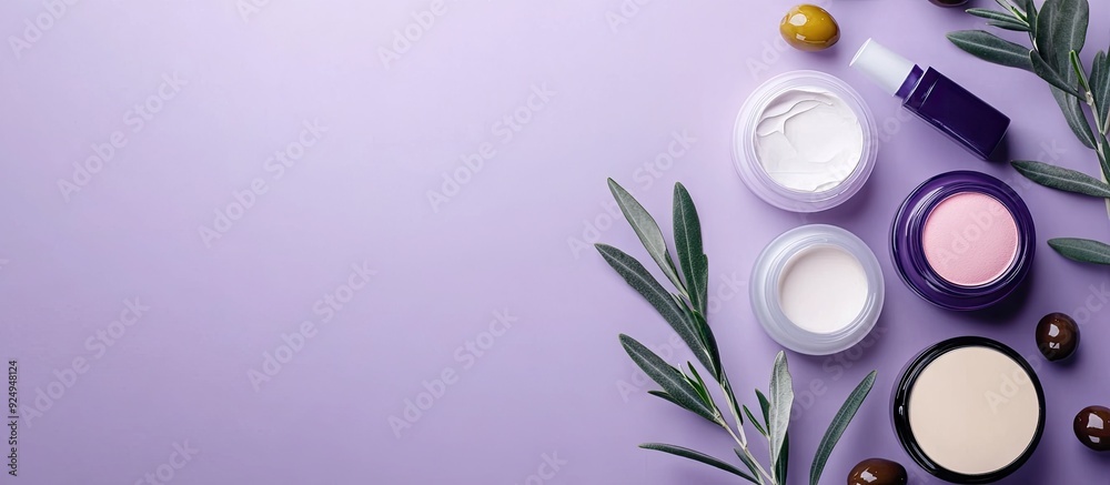 Poster various cosmetic products and olives on a violet background top view copyspace for text
