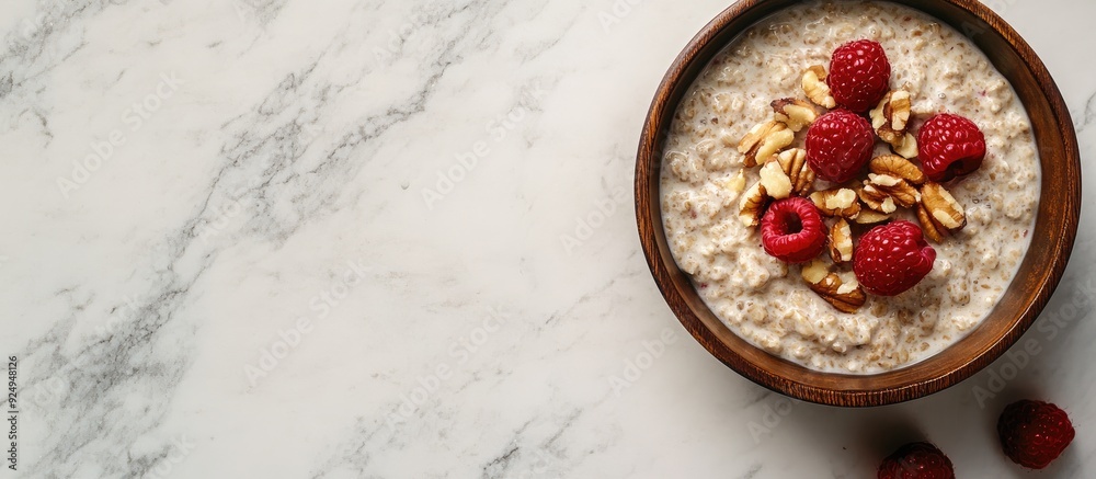 Leinwandbilder oatmeal topped with nuts and raspberries. with copy space image. Place for adding text or design
