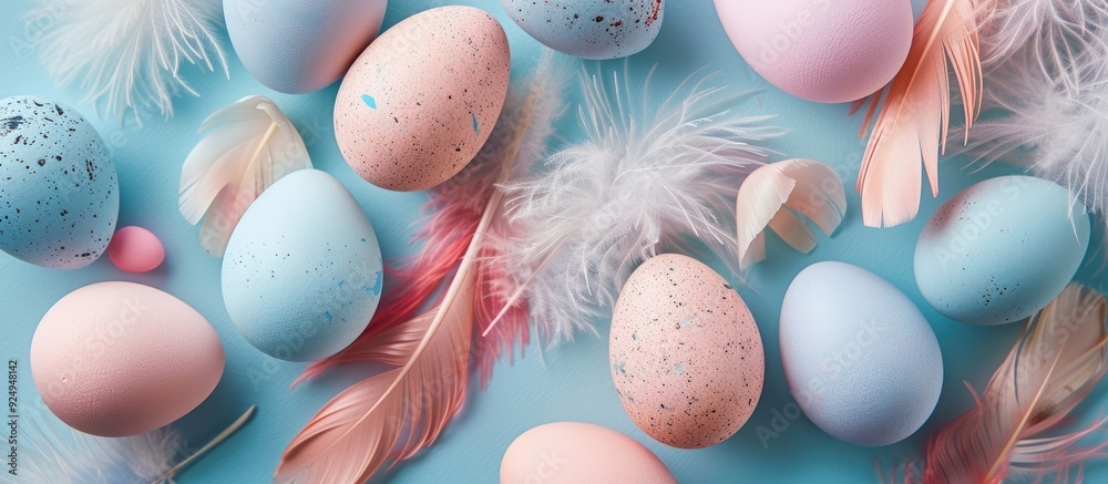 Poster Easter theme Light background featuring pastel colored eggs and feathers with space for text Top view flat lay. with copy space image. Place for adding text or design