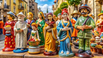Fototapeta premium Vibrant ceramic figurines of traditional regional characters, including a woman with a towel and a poet, adorn a colorful outdoor display in a French city.