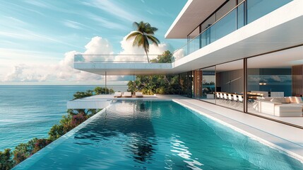 Fototapeta premium Ocean view, luxury home, Clean, Contemporary, Modern. Generative AI.