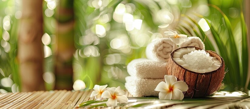Attractive spa arrangement featuring coconut body care items on a bamboo mat. with copy space image. Place for adding text or design