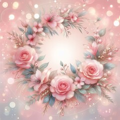 Floral wreath with pink roses and flowers. Vector illustration.