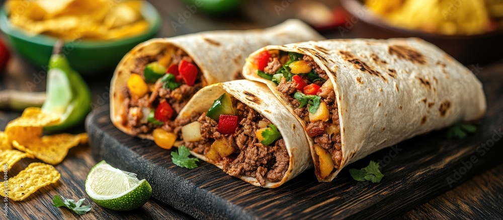 Poster Homemade beef burritos with veggies and potato chips. with copy space image. Place for adding text or design