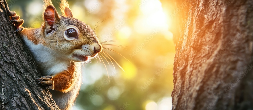 Aufkleber Close up of a squirrel on a tree with sun flare. with copy space image. Place for adding text or design