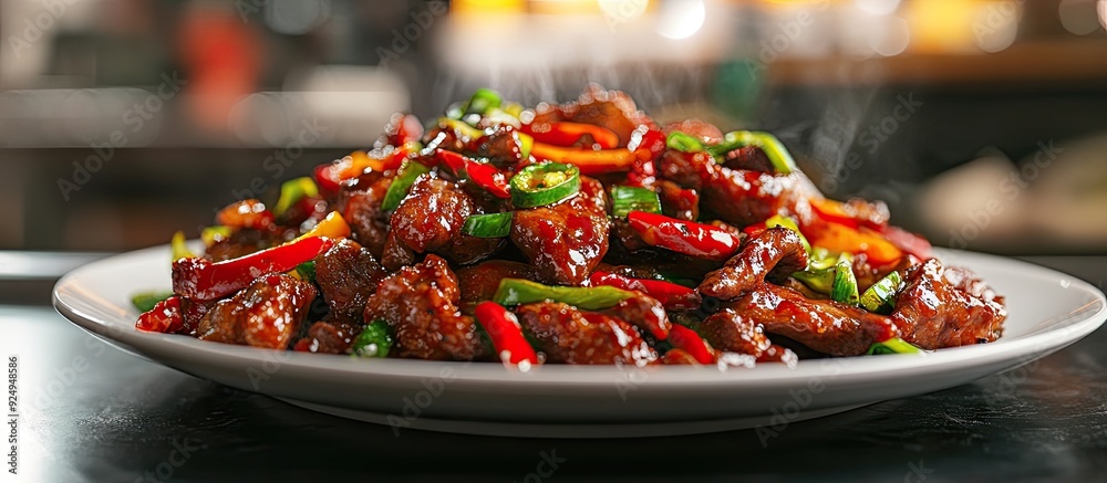 Poster A perspective of a plate of Mongolian Beef in a restaurant or kitchen environment. with copy space image. Place for adding text or design