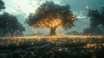 A solitary tree stands at the center of a peaceful landscape, its branches reaching upward with quiet resilience