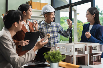 Team architects workers, men and women, join hands to join forces to join forces to work for the industry for success. Teamwork and professional colleagues : Workers' hands, teamwork concept.