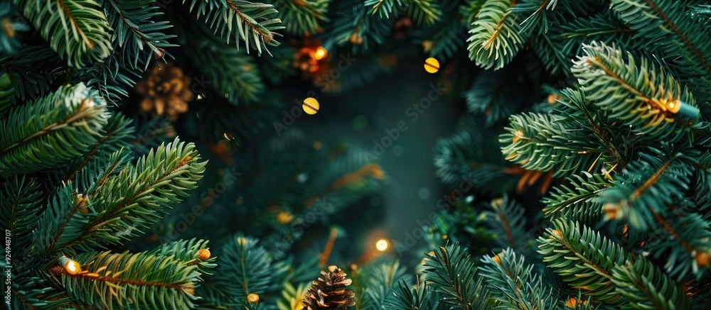 Poster Top view of a fir tree frame set against a colorful background with copy space Merry Christmas theme