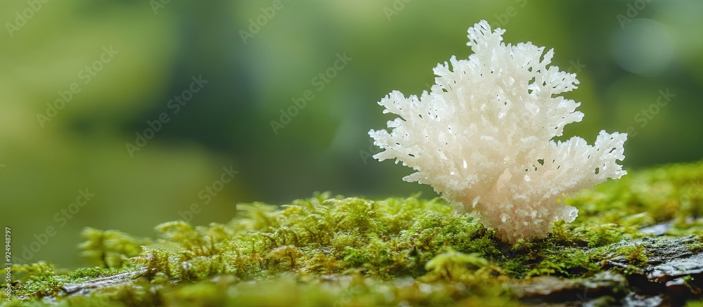 Poster a white fungus that appears naturally on the moss covered ground during the rainy season. with copy 