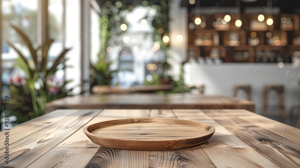 Aufkleber empty wooden table with a blurred background of a modern restaurant interior. generative ai.