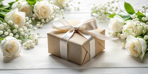 Elegant gift box wrapped in satin ribbon, surrounded by fresh white flowers, rests on a clean white table, creating a serene and celebratory atmosphere.