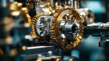 Fototapeta premium Close-up of intricate golden gears in a mechanical setup showcasing the complexity of engineering and industrial machinery.