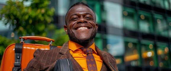 Fototapeta premium A Black Man Smiling With His Luggage, Ready For Travel To A Business Convention With The Ceo, Radiating Confidence And Enthusiasm