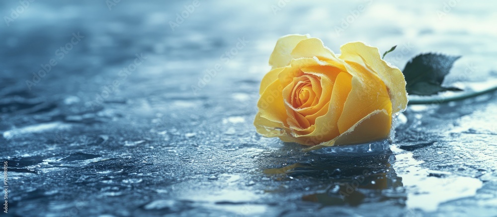 Poster frozen yellow rose beneath melting ice authentic winter photography. with copy space image. place fo