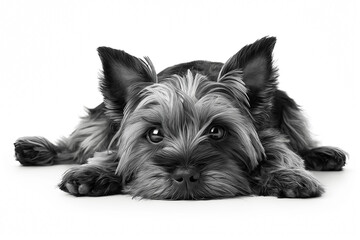 A black and white photo of a dog laying down on the ground