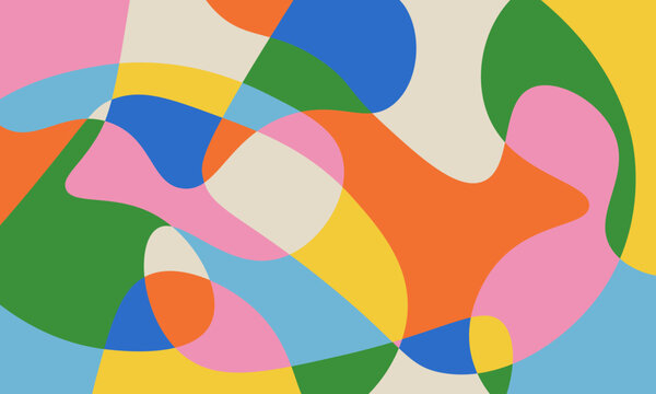 Abstract colorful background with simple hand drawn liquid shapes composition. Fun childish doodle backdrop. Minimal horizontal cover design in bright trendy colors