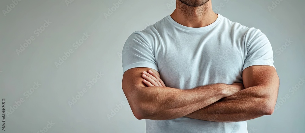 Aufkleber close up of a man in a plain t shirt with his arms crossed. with copy space image. place for adding 