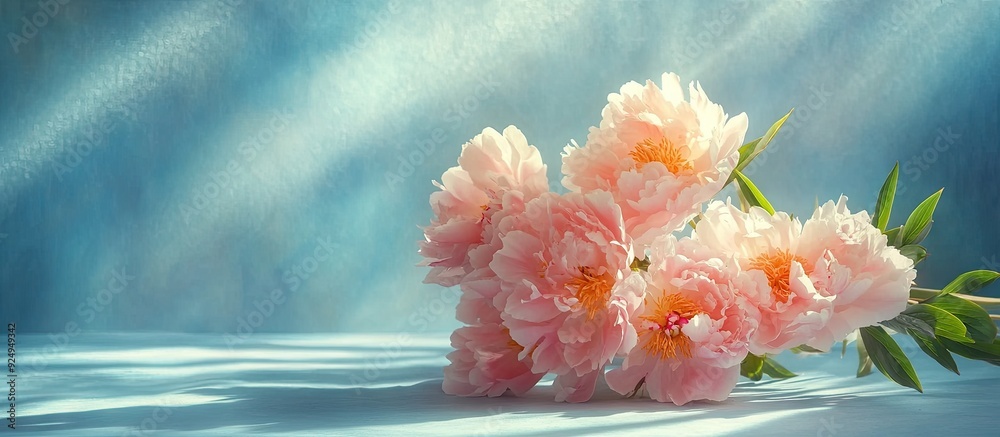 Poster Lovely peony bouquet against a blue folding screen backdrop. with copy space image. Place for adding text or design